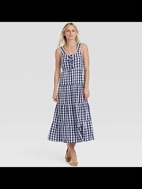 Who What Wear Gingham Tiered Maxi Dress in Navy and White